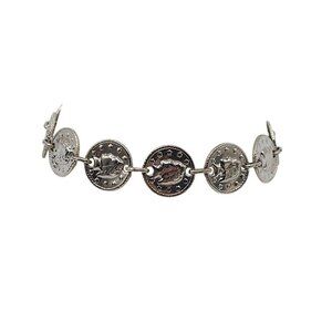 Silver Tone Coin Charm Bracelet With Leaf Embossed Design 7 Inches Lobster Clasp